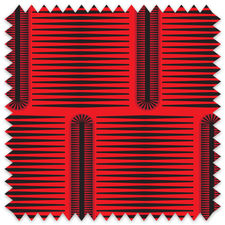 The artwork consists of a repeating pattern on a red background. It features horizontal black lines that vary slightly in thickness and form a wavy texture. Arranged within this pattern are vertical, elongated oval shapes with radiating short black lines forming a sunburst effect around their edges. These ovals are placed at regular intervals, creating a grid-like composition with the horizontal lines filling the spaces between them. The overall design is symmetrical and graphic, with a dynamic interplay between the linear horizontal waves and the vertical radiating ovals.